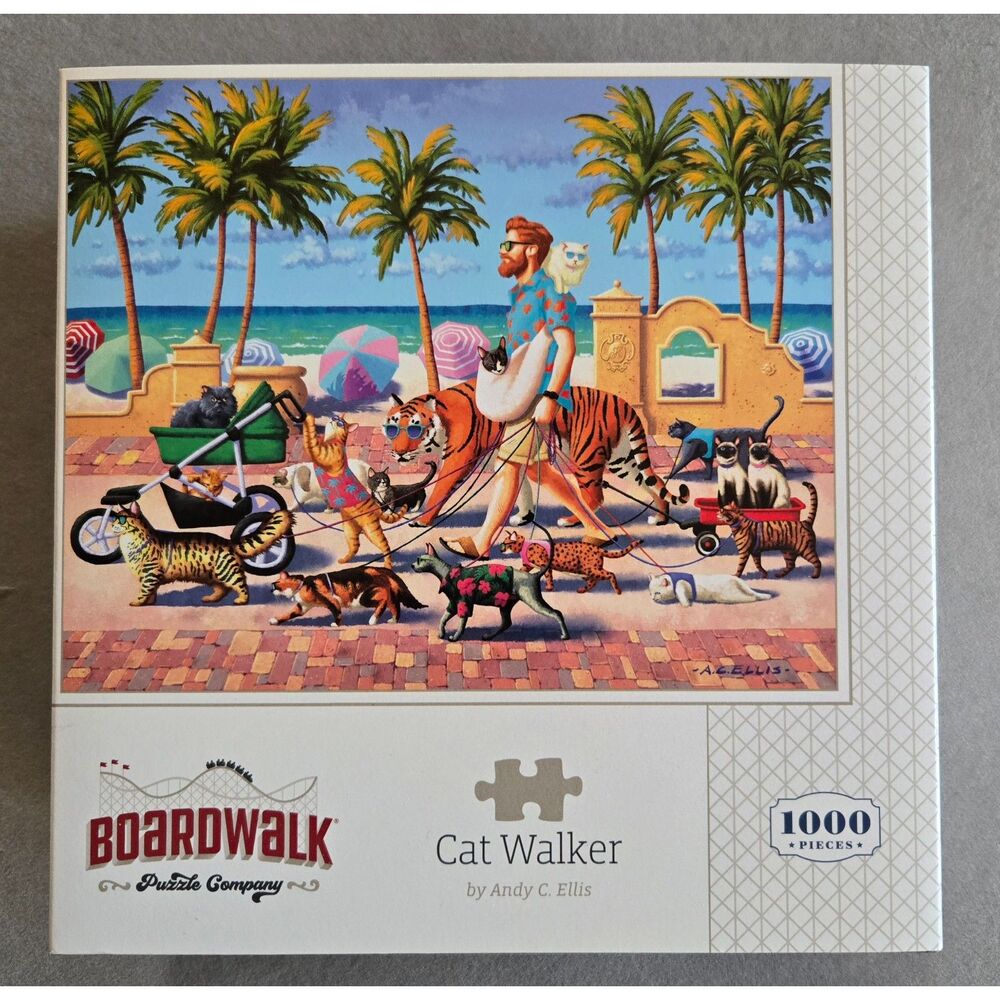 Boardwalk Puzzle Cat Walker 1000 pc Andy C Ellis Complete 2024 Beach Palm Trees